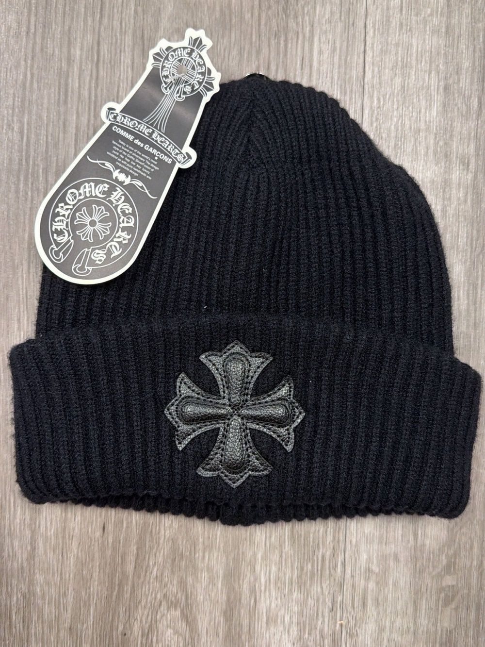 Chrome Hearts Black Ribbed Beanie with Embossed Cross Patch